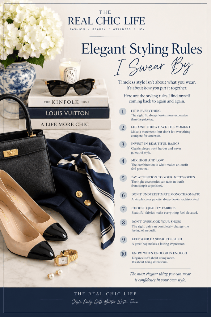 A beautifully styled flat lay featuring elegant fashion items including black and beige high heels, a designer handbag, a silk scarf, a wristwatch, pearl earrings, and fashion books on a marble surface, accompanied by a bouquet of white flowers.