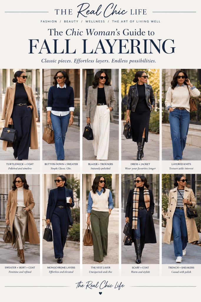 A fashion guide featuring nine stylish fall layering outfits for women, showcasing a variety of chic ensembles ranging from turtlenecks with coats to scarves with coats, with descriptions for each outfit.