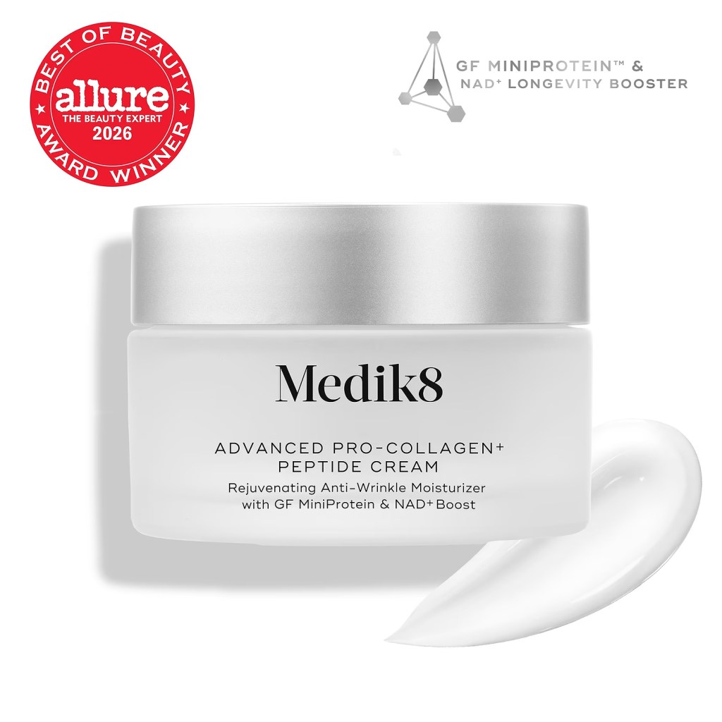 Medik8 Advanced Pro-Collagen+ Peptide Cream moisturizer jar with a silver lid and a small amount of cream on the side. Includes 'Best of Beauty 2026' award badge.