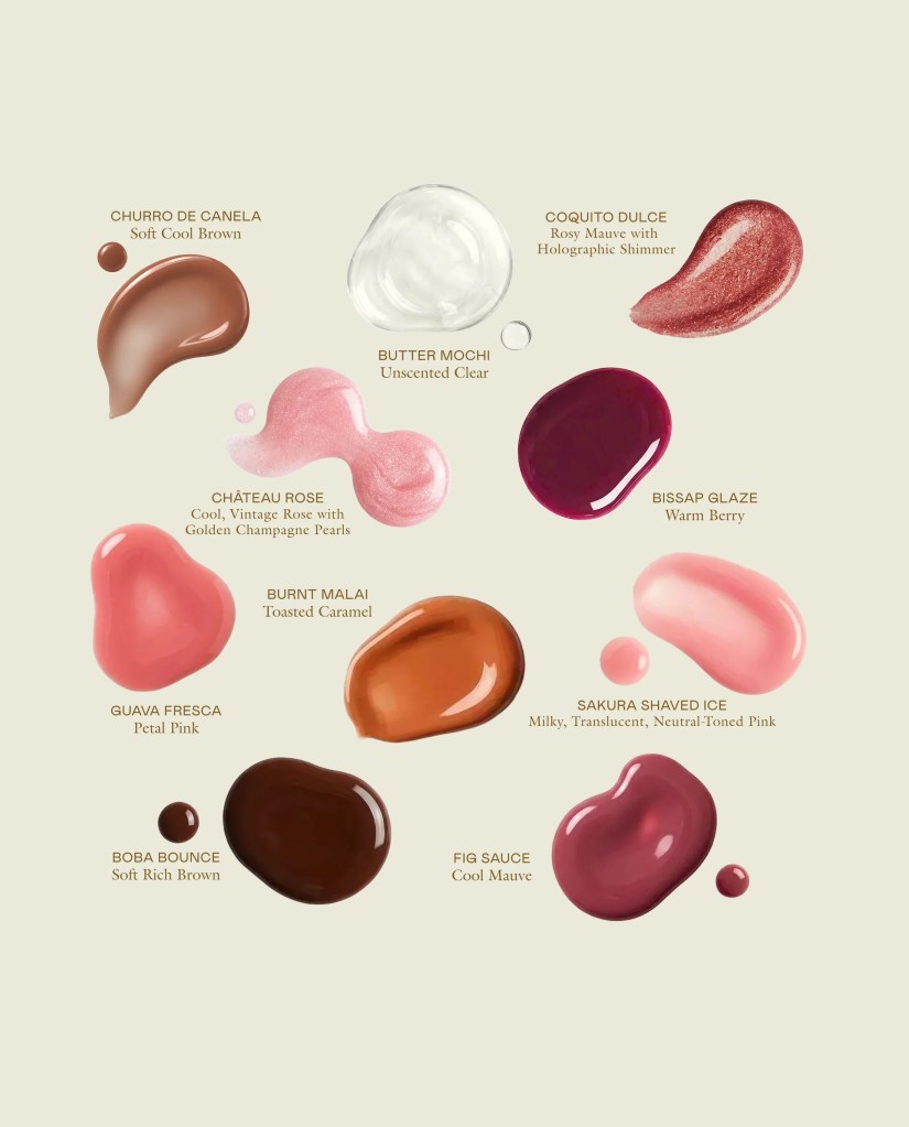 Color swatches of various cream shades with descriptions, including Churro de Canela (Soft Cool Brown), Coquito Dulce (Rosy Mauve with Holographic Shimmer), Butter Mochi (Unscented Clear), Château Rose (Cool Vintage Rose with Golden Champagne Pearls), Bissap Glaze (Warm Berry), Guava Fresca (Petal Pink), Burnt Malai (Toasted Caramel), Sakura Shaved Ice (Milky, Translucent, Neutral-Toned Pink), Boba Bounce (Soft Rich Brown), and Fig Sauce (Cool Mauve).