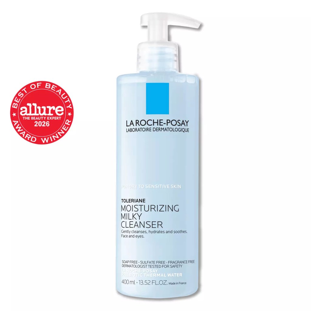 A bottle of La Roche-Posay Toleriane Moisturizing Milky Cleanser, designed for dry and sensitive skin. The bottle features a pump dispenser and includes a label stating it gently cleanses, hydrates, and soothes the face and eyes. The product is noted as a 2026 Allure Best of Beauty Award winner.