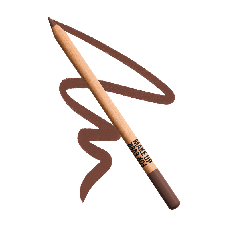 Brown eyeliner pencil with a curved line drawn beside it.
