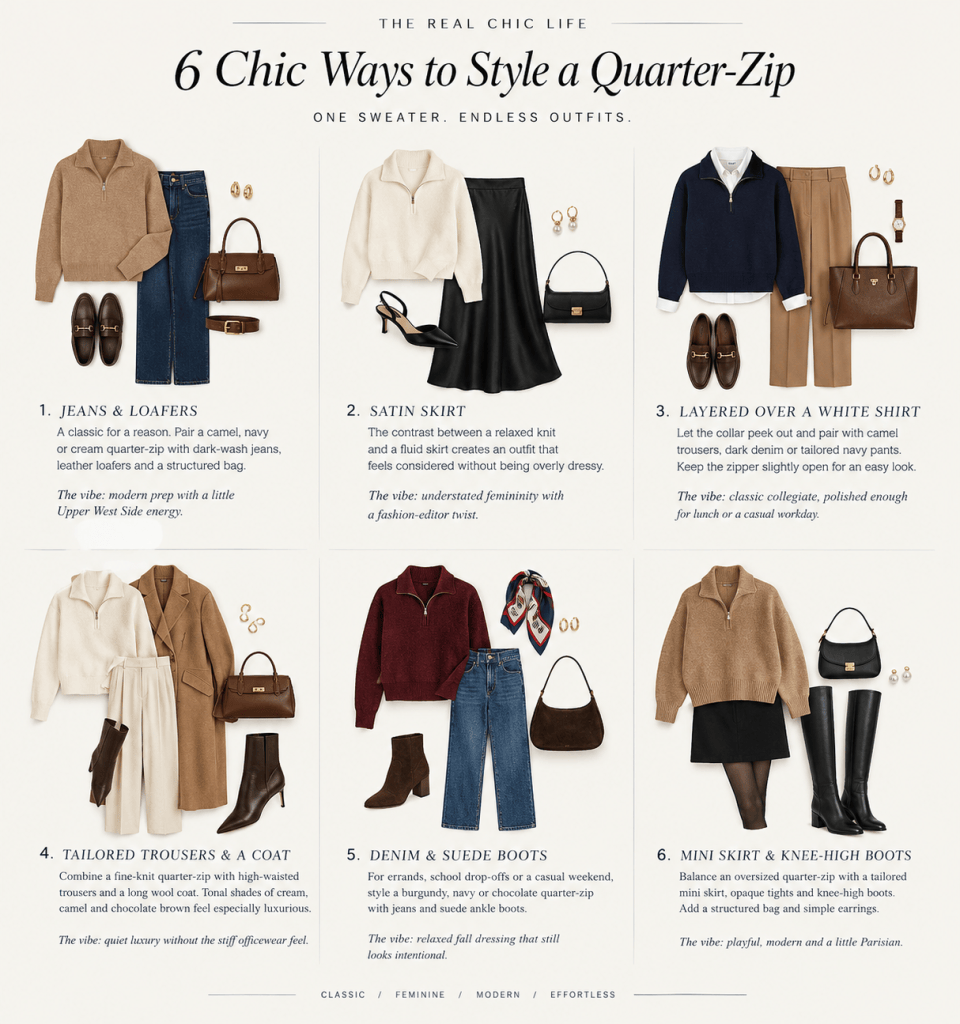 Infographic showcasing six stylish outfits featuring a quarter-zip sweater, including options with jeans, skirts, tailored trousers, and boots.
