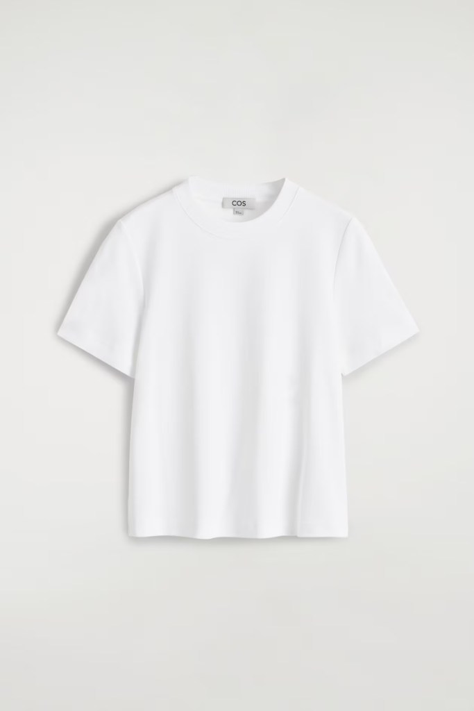 Plain white short-sleeve t-shirt with a round neckline and COS label.