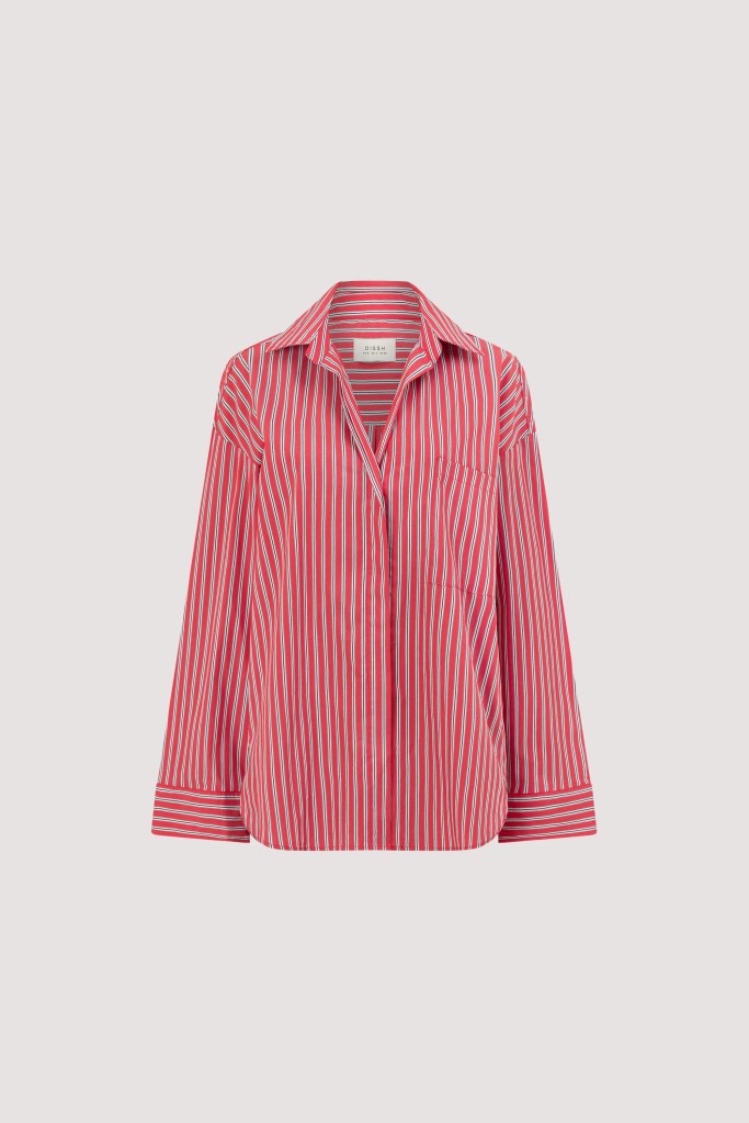Long-sleeve, collared shirt with red and white vertical stripes
