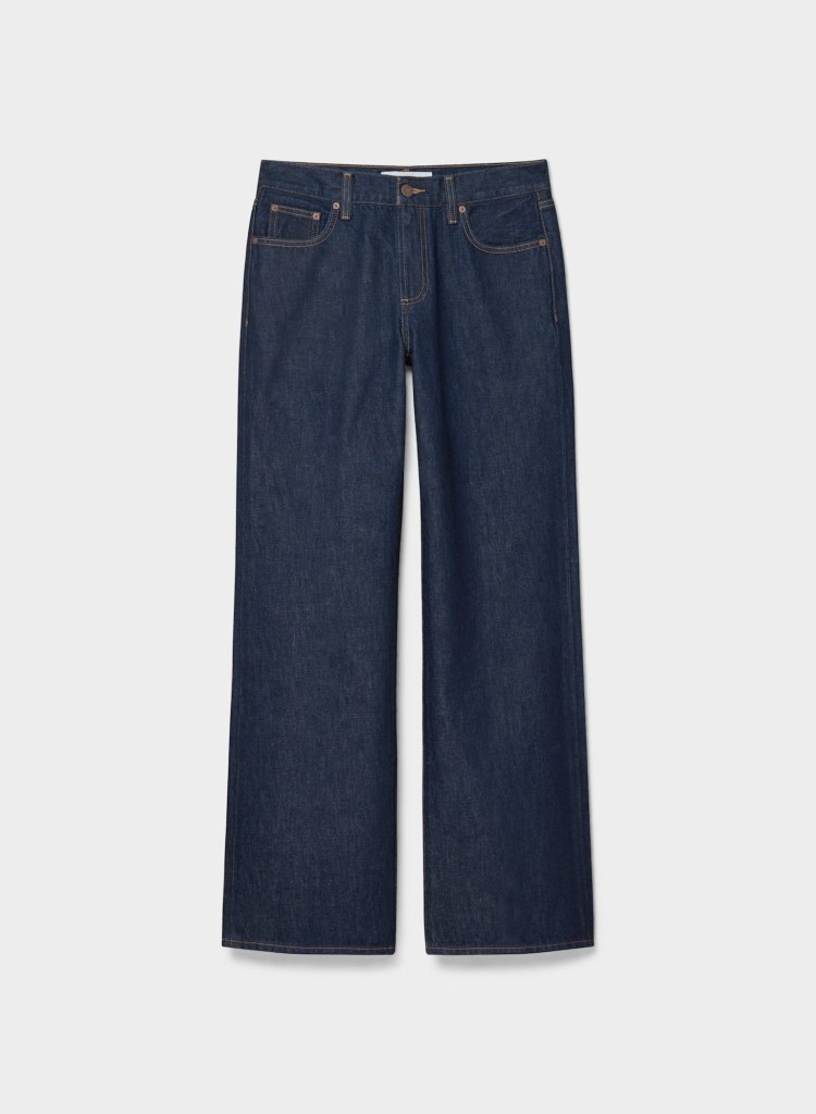 A pair of dark blue wide-leg denim jeans displayed against a plain background.