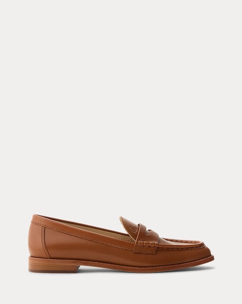 Side view of a stylish brown leather loafer shoe with a low block heel and decorative stitching.