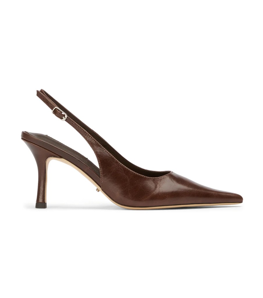 Brown leather slingback high heel shoe with a pointed toe and a slender heel.