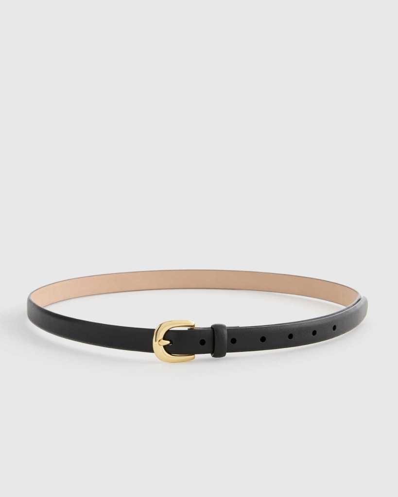 A black leather belt with a gold buckle and several adjustment holes.